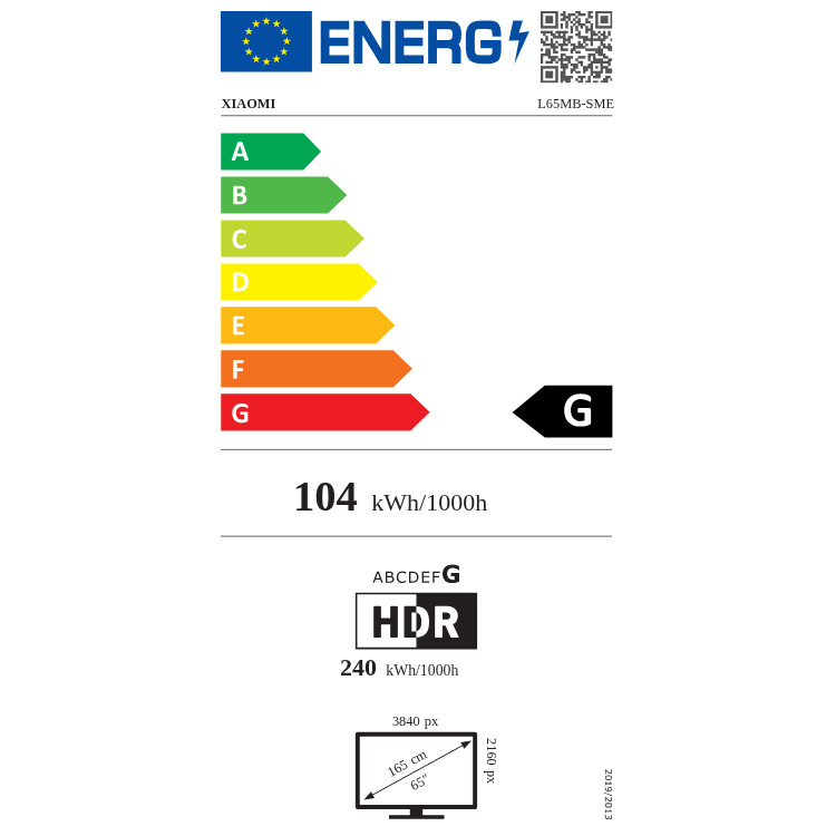 Etiqueta energética da televisão Xiaomi, eficiência G, 104 kWh/1000h.
