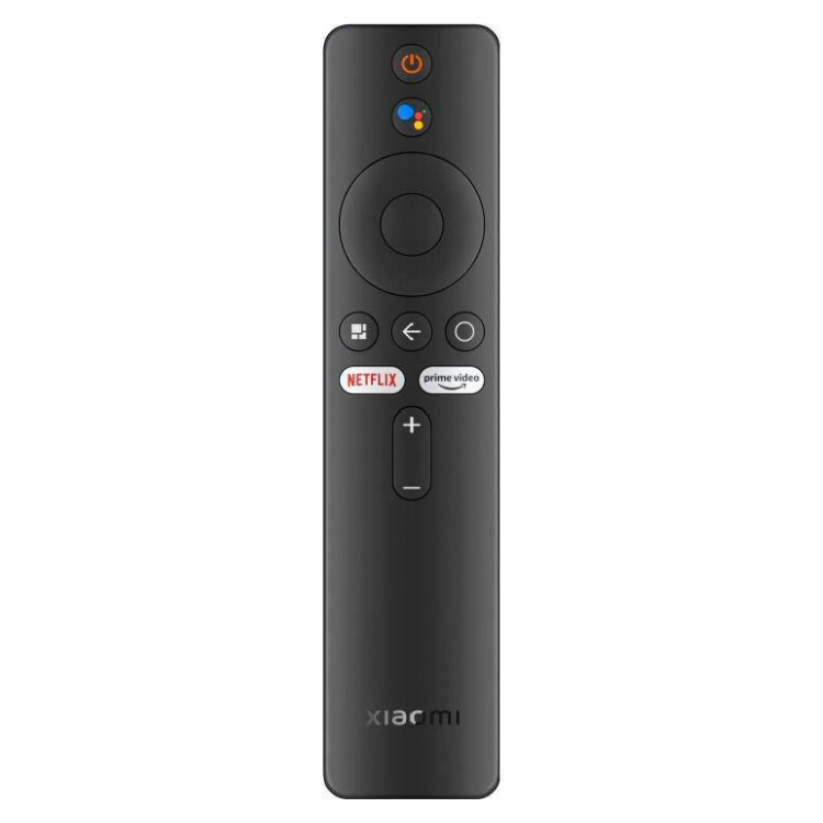 Black Xiaomi remote control with Netflix and Prime Video buttons.