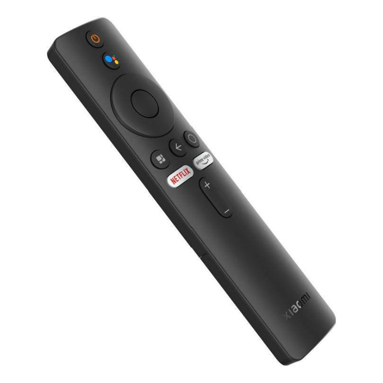 Black Xiaomi remote control with Netflix and Google buttons.