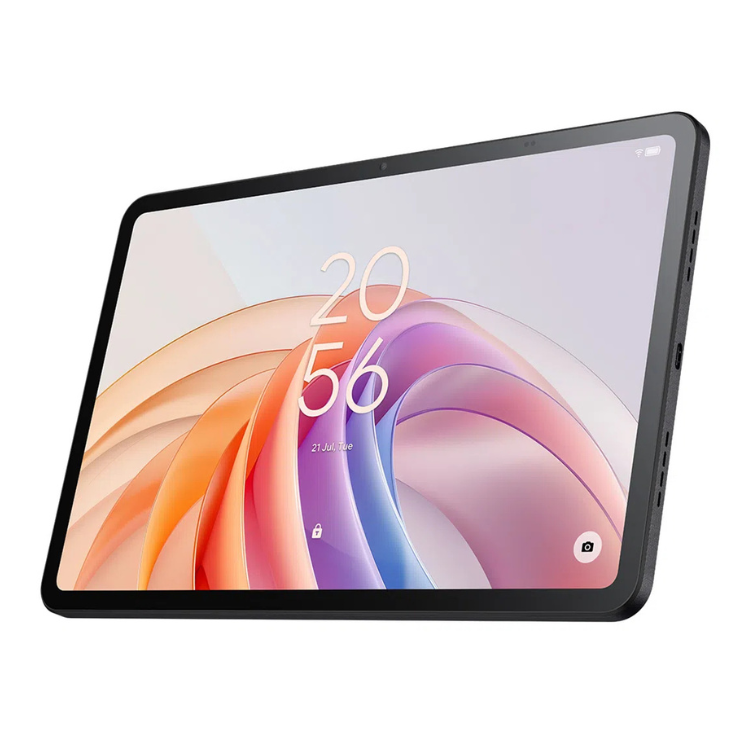 Tablet TCL Tab 11 FE cinzento com ecrã colorido a mostrar o ecrã de bloqueio.