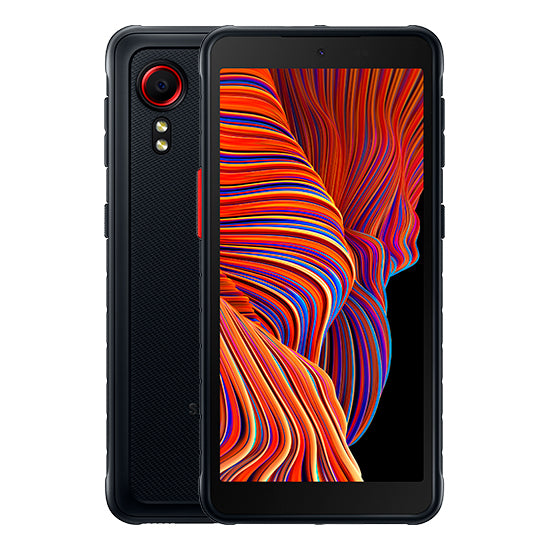 Samsung Galaxy XCover 5, smartphone preto, 4GB/64GB, câmara traseira e ecrã com imagem colorida.