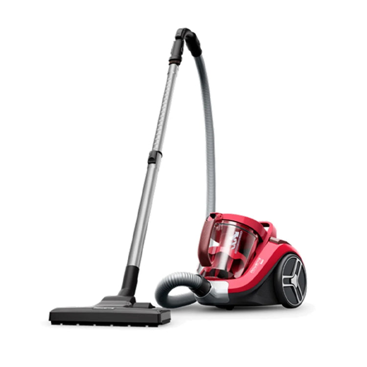 Aspirador sem saco Rowenta 750W vermelho com cabo e bocal.