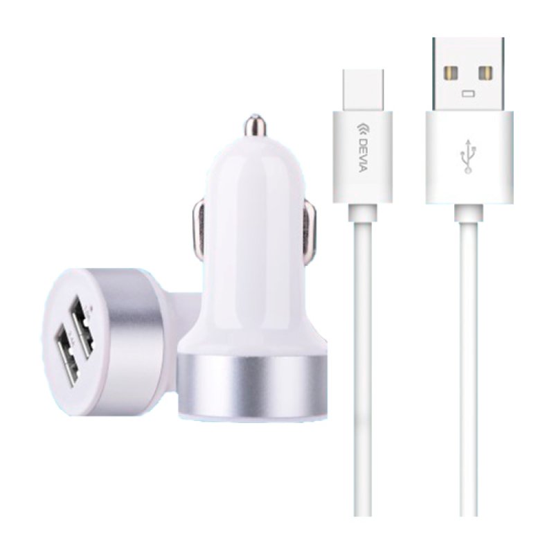 Carregador Isqueiro DEVIA 2x USB + Cabo Dados Type-C