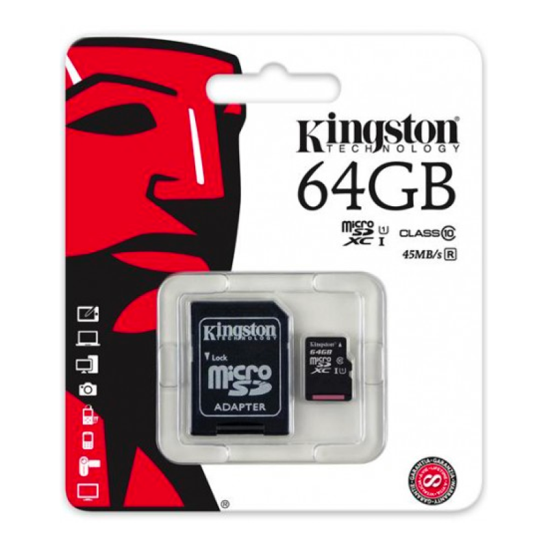 Cartão Memória Kingston Canvas Select Plus microSDHC 64GB C10 A1 UHS-I c/ Adaptador SD